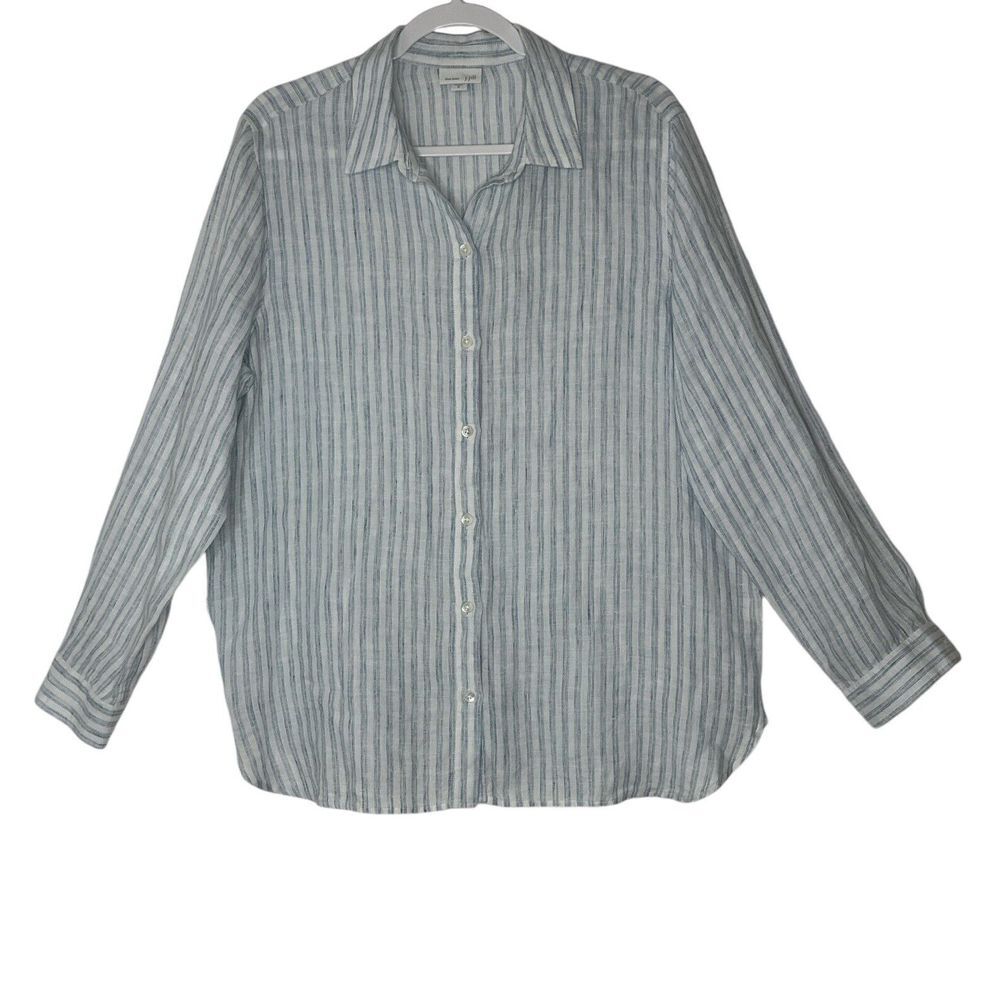 J.JILL Top Women Medium Love Linen‎ 100% Linen Blouse Long Sleeve Boho Relaxed